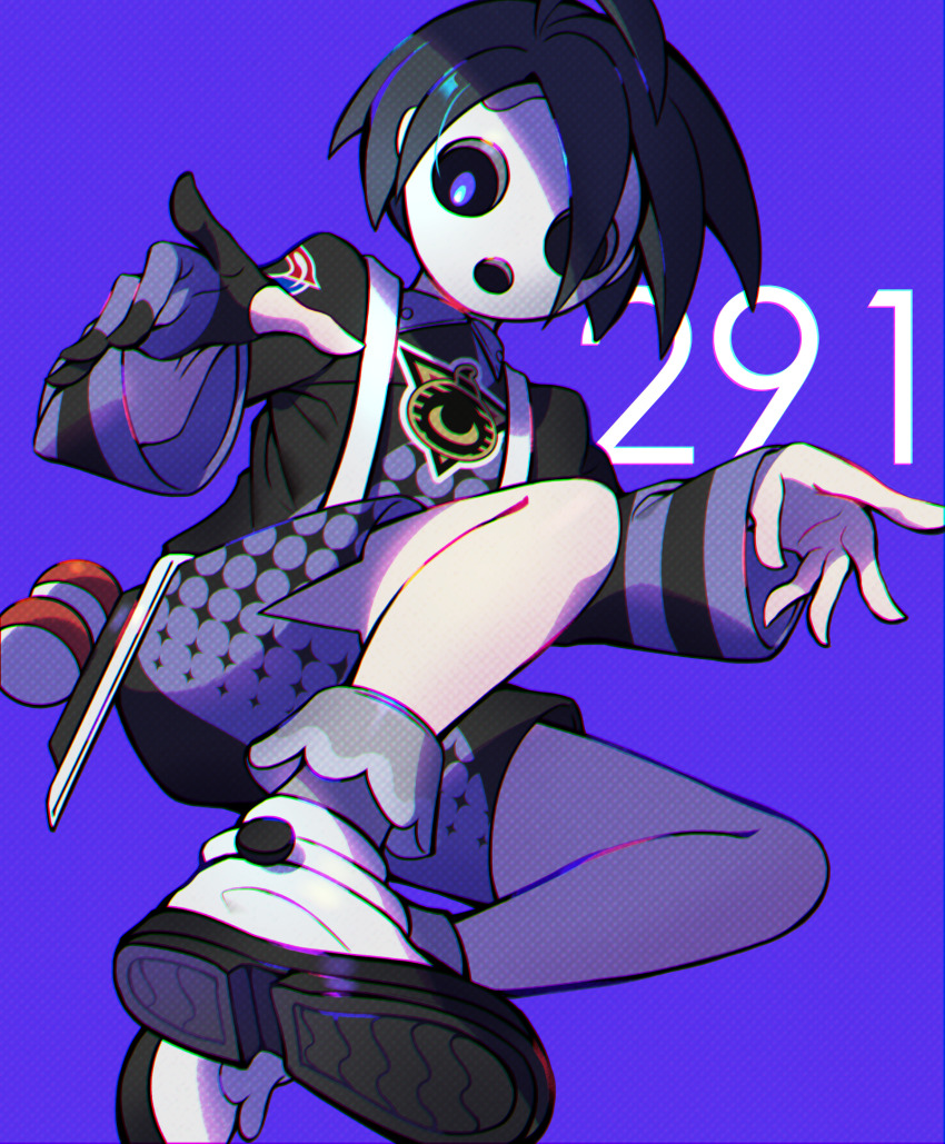 1boy, ahoge, allister_(pokemon), black_hair, collared_shirt, commentary, gloves, grey_socks