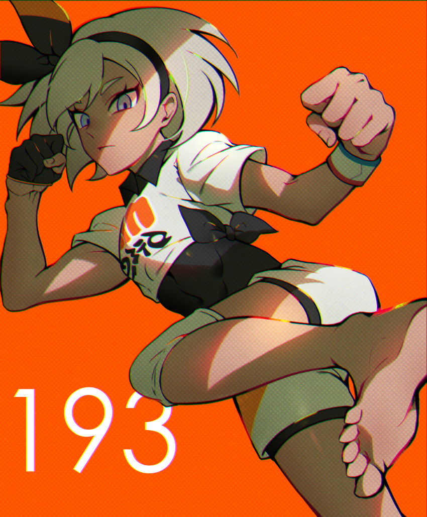 1girl, barefoot, bea_(pokemon), black_bodysuit, black_hairband, blue_eyes, bodysuit, bodysuit_under_clothes, clenched_hands, collared_shirt, commentary, dark-skinned_female, dark_skin, dynamax_band, eyelashes, feet, gloves, grey_hair, gym_leader, hairband, highres, knee_pads, looking_at_viewer, mohazzing, nintendo, orange_background, pokemon, pokemon_sword_and_shield, print_shirt, shirt, short_hair, short_sleeves, shorts, single_glove, soles, solo, tied_shirt, toes