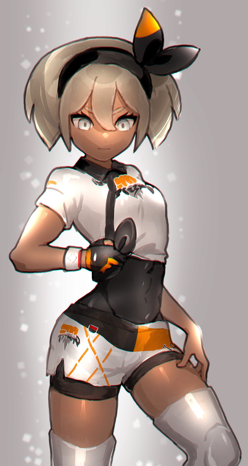 1girl, bea_(pokemon), black_bodysuit, black_hairband, bodysuit, bodysuit_under_clothes, closed_mouth, collared_shirt, commentary, dark-skinned_female, dark_skin, dynamax_band, eyelashes, gloves, grey_background, grey_hair, gym_leader, hair_between_eyes, hairband, hand_on_own_thigh, highres, knee_pads, looking_down, nintendo, pokemon, pokemon_sword_and_shield, print_shirt, print_shorts, ruo_candyyyy, shirt, short_hair, short_sleeves, shorts, single_glove, solo, tied_shirt, wristband