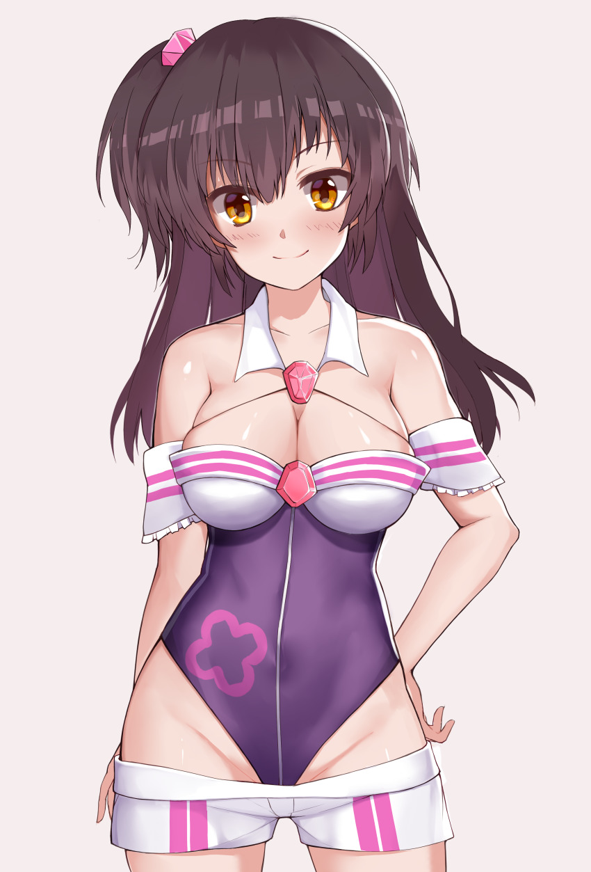 1girl, absurdres, arm_behind_back, bare_shoulders, beige_background, black_hair, blush, breasts, character_request, cleavage, collarbone, dokyuu_hentai_hxeros, ero_mang-a, gem, groin, hair_ornament, highres, large_breasts, long_hair, looking_at_viewer, momozono_momoka, one-piece_swimsuit, one_side_up, orange_eyes, purple_one-piece_swimsuit, short_shorts, shorts, simple_background, smile, solo, swimsuit, white_shorts