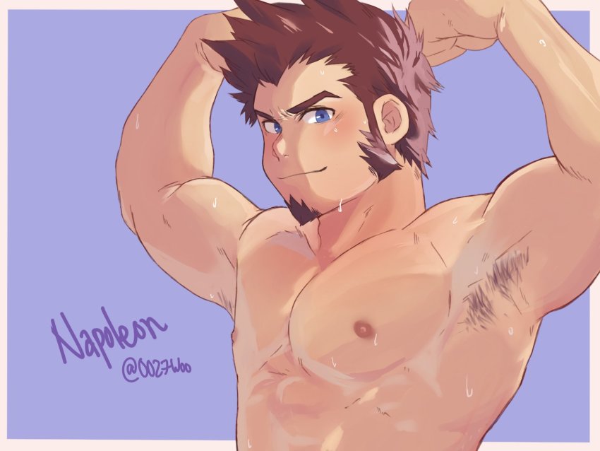 1boy, armpit_hair, armpits, bara, beard, blue_eyes, blush, brown_hair