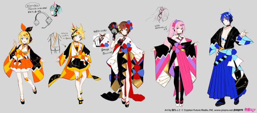 1boy, 4girls, asymmetrical_sleeves, bare_shoulders, black_bow, black_footwear, black_robe, black_shorts