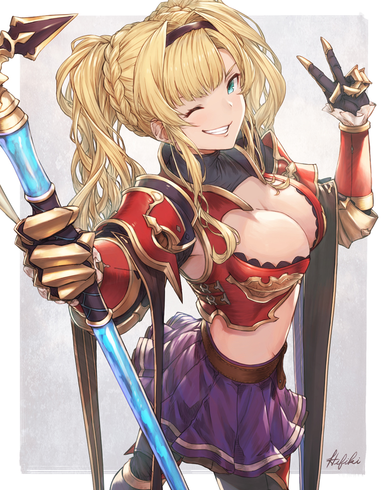 1girl, blonde_hair, braid, breasts, cleavage, commentary_request, cowboy_shot, gauntlets