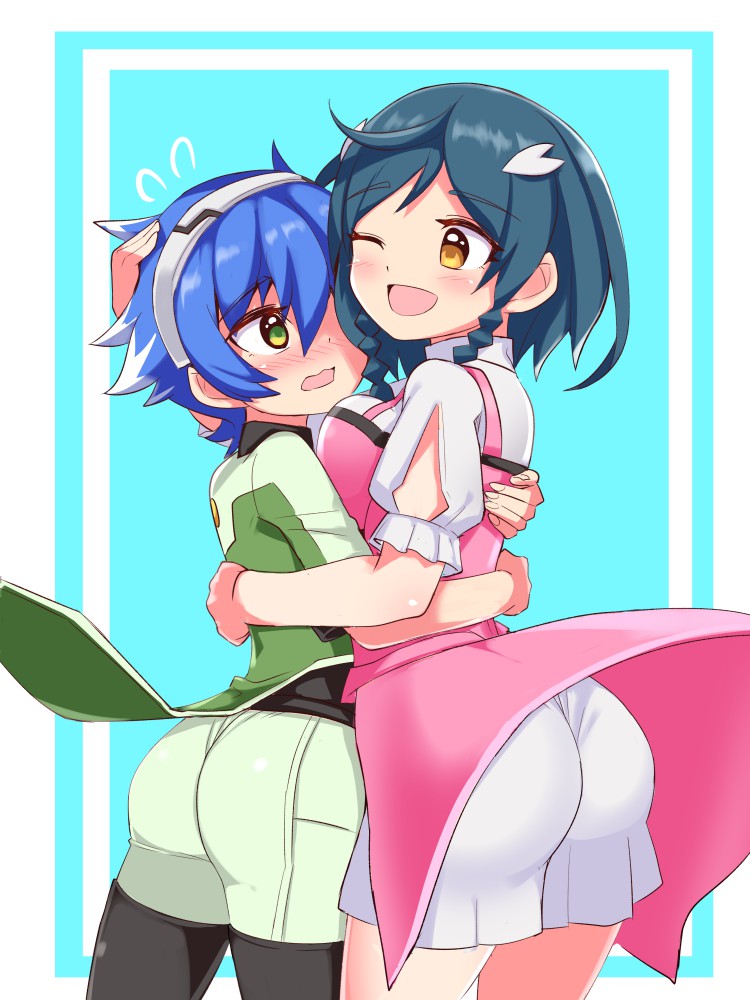 1boy, 1girl, ass, azure_striker_gunvolt, blue_hair, blush, braid, breasts, cougar_(cougar1404), dress, embarrassed, from_behind, gradient_hair, green_eyes, green_hair, hairband, hug, leggings, multicolored_hair, one_eye_closed, open_mouth, orange_eyes, ouka_(gunvolt), short_hair, shorts, sideboob, smile, twin_braids, white_hair, wink, xiao_wu_(gunvolt)