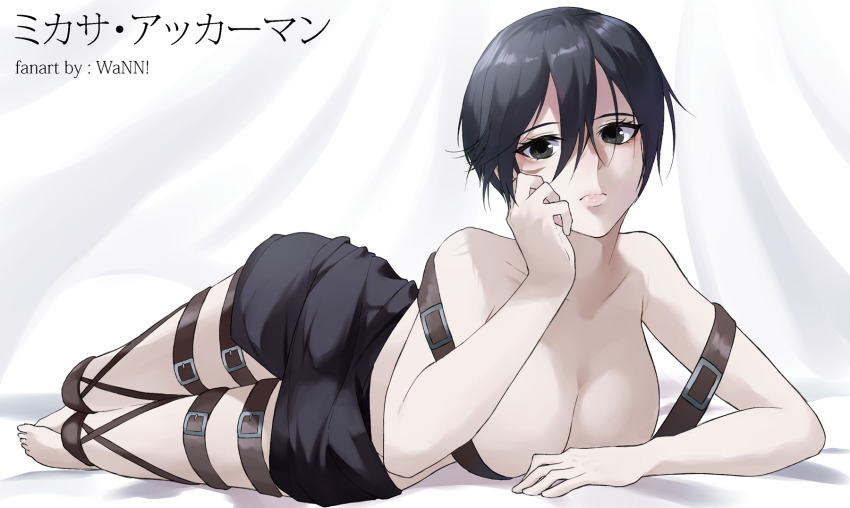 1girl, bare_shoulders, black_eyes, black_hair, black_shorts, breasts, cleavage, collarbone
