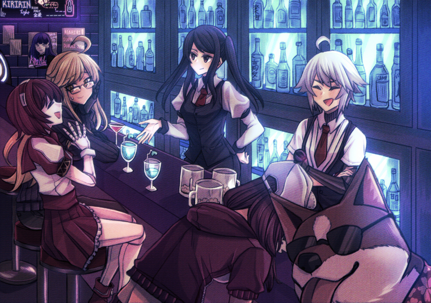 021_shiro, 5girls, ahoge, alma_armas, android, bar_(place), bar_stool, bartender, beer_mug, black_hair, blonde_hair, bottle, brown_eyes, brown_hair, brown_skirt, closed_eyes, cocktail_glass, counter, cropped_hoodie, cup, cyberpunk, cyborg, dana_zane, dark-skinned_female, dark_skin, dog, dorothy_haze, drinking_glass, drunk, frilled_skirt, frills, hawaiian_shirt, highres, hood, hood_down, hoodie, indoors, jill_stingray, joints, long_hair, long_sleeves, mechabare, mechanical_hands, mug, multiple_girls, necktie, nib_pen_(medium), over-rim_eyewear, pen_(medium), pleated_skirt, prosthesis, prosthetic_arm, purple_sweater, rad_shiba, red_neckwear, robot_joints, semi-rimless_eyewear, shiba_inu, shirt, short_hair, short_sleeves, sitting, skirt, stool, streaming-chan, sunglasses, sweater, traditional_media, twintails, va-11_hall-a, white_hair, white_shirt