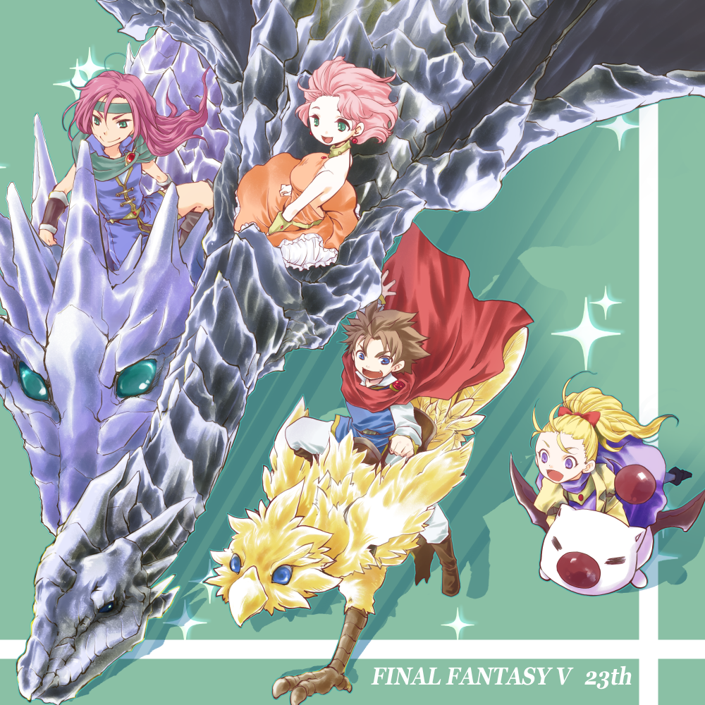 1boy, 3girls, anniversary, blonde_hair, blue_eyes, boco, brown_hair, bartz_klauser