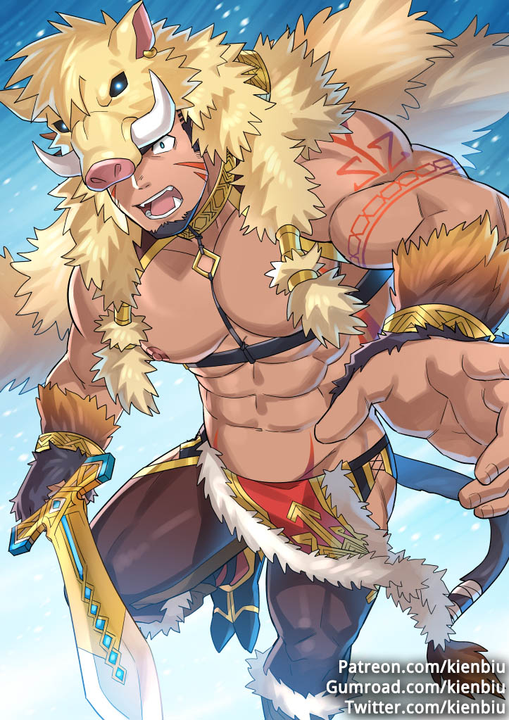 1boy, abs, animal_hood, bara, bare_pectorals, beard, blue_eyes, boar_hood, body_fur, brown_hair, chest_harness, facial_hair, facial_mark, fighting_stance, goatee, gullinbursti_(housamo), harness, holding, holding_weapon, hood, kienbiu, large_pectorals, long_sideburns, looking_at_viewer, male_focus, manly, muscular, navel, nipples, one_eye_covered, paid_reward_available, pants, pectorals, revealing_clothes, sideburns, solo, sword, tight_clothes, tight_pants, tokyo_houkago_summoners, upper_body, vambraces, weapon