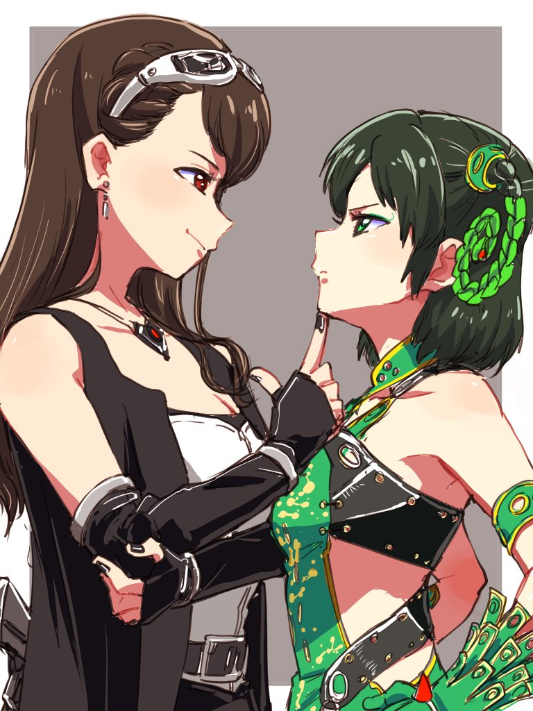 2girls, abe_tsukumo, black_gloves, black_hair, black_nails, braid, brown_eyes, brown_hair