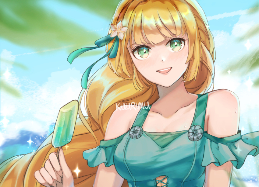 1girl, bare_shoulders, bikini, blonde_hair, breasts, cloud, commentary, fire_emblem