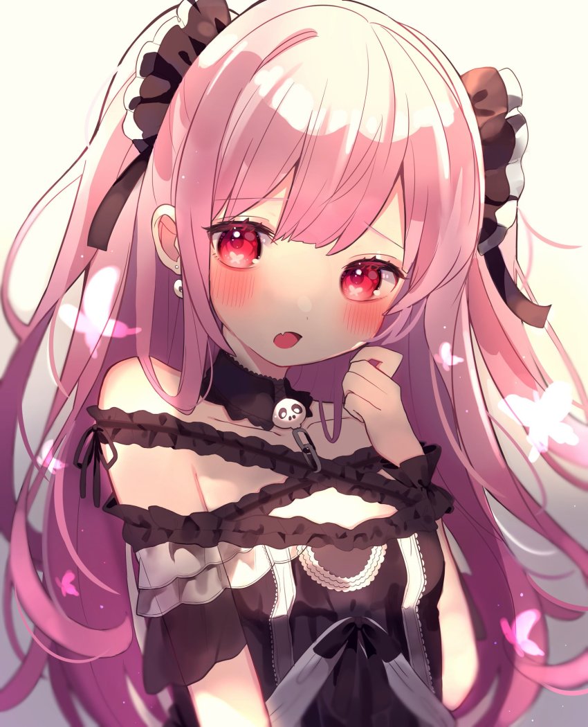 1girl, bare_shoulders, black_dress, blush, chain, chikuwa_(tikuwaumai_), collarbone, commentary_request, dress, fang, hand_up, highres, hololive, long_hair, looking_at_viewer, off-shoulder_dress, off_shoulder, open_mouth, pink_hair, red_eyes, skull, solo, two_side_up, upper_body, uruha_rushia, uruha_rushia_(3rd_costume), very_long_hair, virtual_youtuber, wrist_cuffs