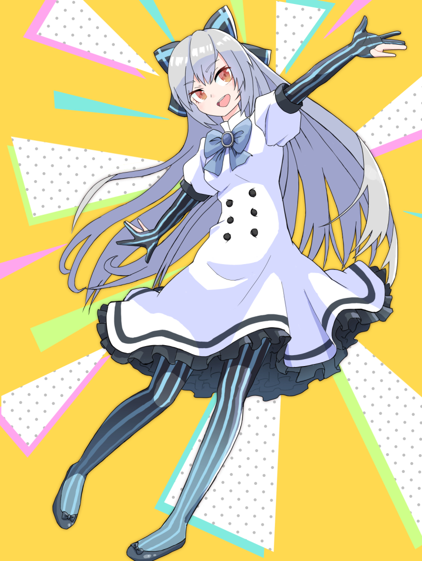 1girl, breasts, dress, girls'_frontline, highres, long_hair, medium_breasts, open_mouth, pinstripe_pattern, puffy_short_sleeves, puffy_sleeves, red_eyes, short_sleeves, silver_hair, smile, solo, striped, tokarev_(girls'_frontline), very_long_hair, zukzuk13