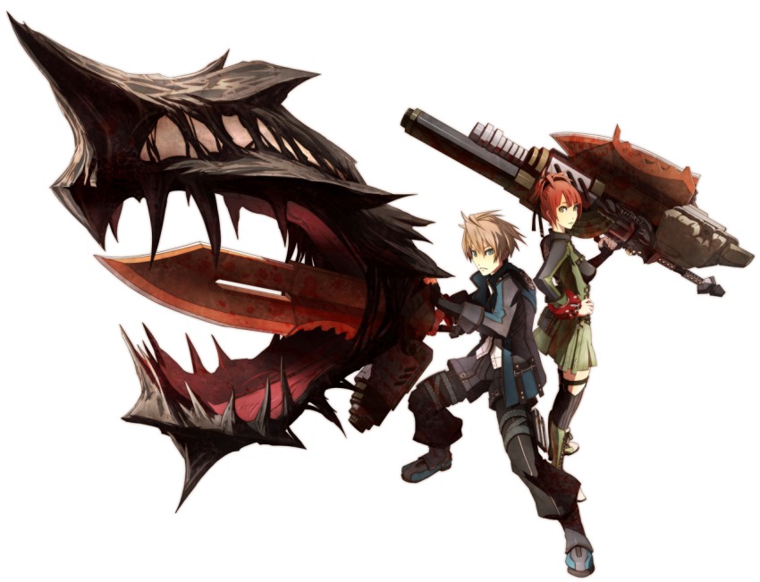 10s, 1boy, 1girl, blue_eyes, brown_hair, coat, god_eater, god_eater_burst