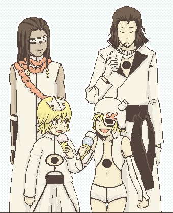 00s, 1girl, 3boys, ^_^, age_difference, arm_guards, arrancar, artist_request, bare_shoulders, beads, black_hair, bleach, blonde_hair, bone, broken_horn, brown_hair, closed_eyes, closed_mouth, coyote_starrk, crop_top, cropped_vest, cup, dark_skin, dreadlocks, drink, drinking, drinking_straw, facial_hair, fake_horns, flame_print, flat_chest, food, gloves, goatee, hair_beads, hair_between_eyes, hair_ornament, hakama, hakama_skirt, happy, helmet, high_collar, holding, hole, horned_helmet, horns, ice_cream, ice_cream_cone, japanese_clothes, light_smile, lilinette, lilynette_gingerbuck, long_hair, long_sleeves, looking_at_another, lowres, mask, multiple_boys, navel, no_bra, number_tattoo, oekaki, open_clothes, open_vest, rope, sash, short_hair, short_shorts, shorts, sidelocks, skirt, skull, sleeveless, smile, standing, tattoo, thigh_gap, tousen_kaname, turtleneck, vest, visor, wonderweiss_margela