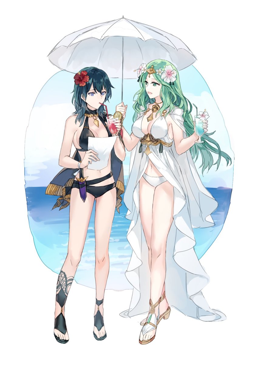 2girls, bikini, black_bikini, black_vs_white, blue_eyes, blue_hair, breasts, cleavage