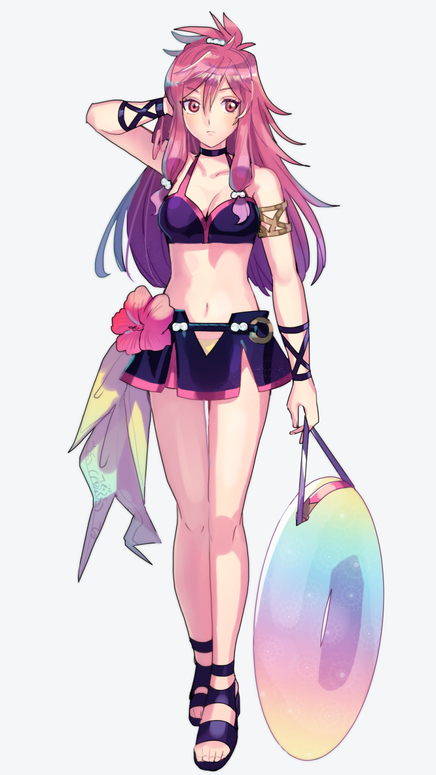 1girl, bad_id, bad_twitter_id, bikini, breasts, cleavage, closed_mouth, fire_emblem, fire_emblem:_the_sacred_stones, flower, full_body, highres, holding, innertube, kurimori, long_hair, marisa_(fire_emblem), medium_breasts, nintendo, pink_eyes, pink_hair, simple_background, solo, standing, swim_ring, swimsuit