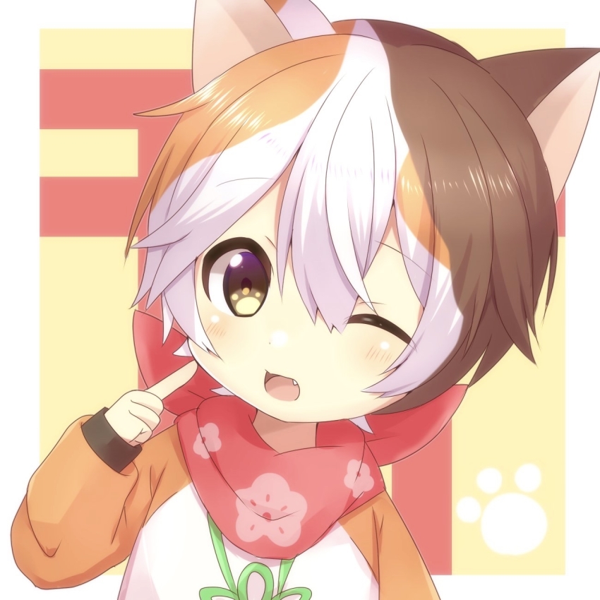 1boy, animal_ears, brown_eyes, brown_hair, calico_(pattern), cat_boy, cat_ears, child