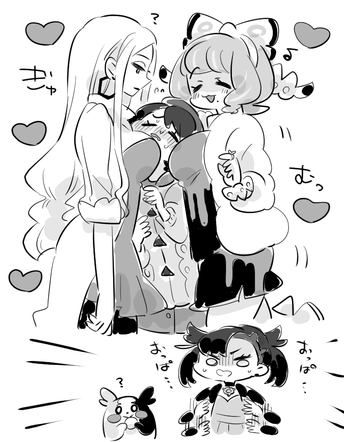 4girls, ?, age_difference, amagaeru_(amapippi052525), between_breasts, bow, breast_conscious, breast_smother, breasts, closed_eyes, face_to_breasts, gen_8_pokemon, girl_sandwich, gloria_(pokemon), greyscale, hair_bow, head_between_breasts, heart, klara_(pokemon), large_breasts, long_hair, long_sleeves, looking_at_another, looking_down, marnie_(pokemon), mole, mole_under_mouth, monochrome, morpeko, morpeko_(full), multiple_breast_smother, multiple_girls, nail_polish, nintendo, oleana_(pokemon), open_mouth, pokemon, pokemon_(creature), pokemon_sword_and_shield, sandwiched, shaded_face, short_sleeves, yuri