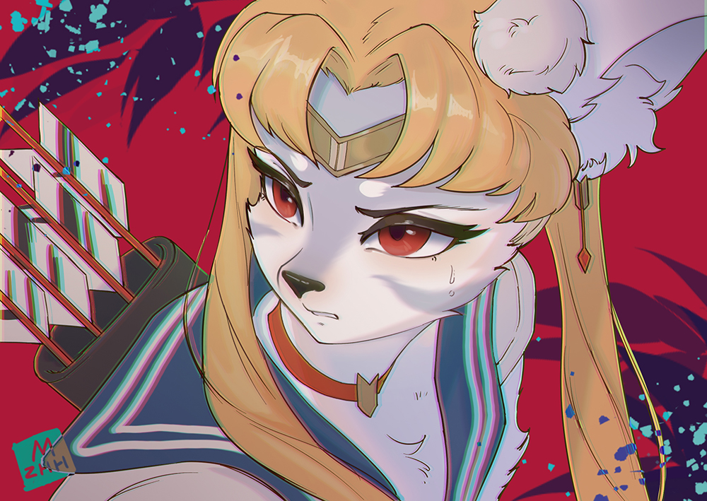 1girl, animal_ears, animal_nose, arrow_(projectile), artist_name, bishoujo_senshi_sailor_moon, bishoujo_senshi_sailor_moon_s, blonde_hair, blue_sailor_collar, blush, body_fur, choker, chromatic_aberration, cosplay, earrings, female_focus, furry, furry_female, grey_fur, hair_intakes, hakurou_(onmyoji), jewelry, light_blush, lin_mzhh, long_hair, looking_up, meme, nose_blush, onmyoji, parted_lips, pom_pom_(clothes), quiver, red_background, red_choker, red_eyes, sailor_collar, sailor_moon_redraw_challenge_(meme), school_uniform, serafuku, shirt, signature, simple_background, solo, sweat, teeth, tsukino_usagi, tsukino_usagi_(cosplay), twintails, two-tone_fur, white_fur, white_shirt