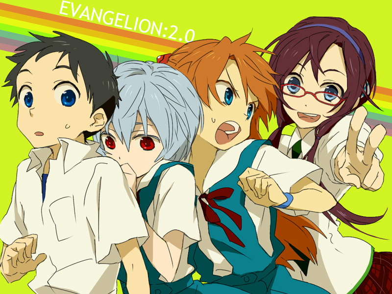 00s, 1boy, 3girls, ayanami_rei, bad_id, bad_pixiv_id, blue_eyes, brown_hair