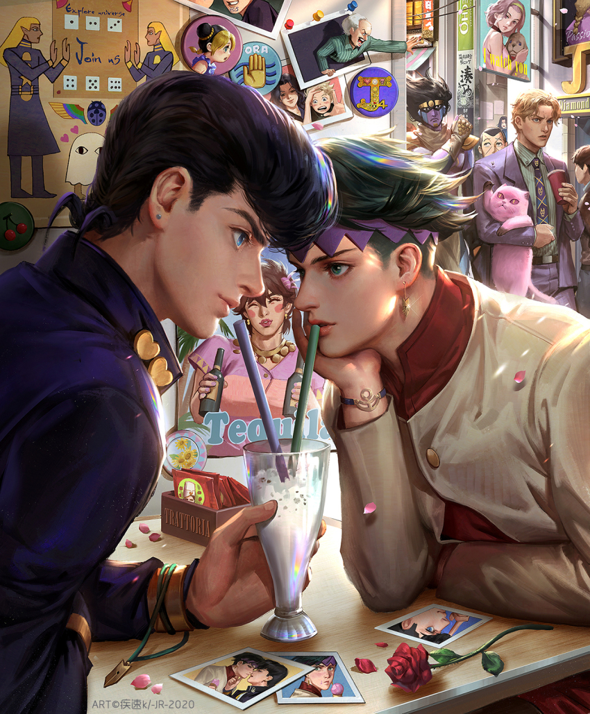 6+boys, anchor_symbol, blue_eyes, brooch, cat, cherry, diamond_wa_kudakenai, dog, drinking_straw, earrings, flower, food, fruit, gakuran, giorno_giovanna, green_eyes, green_hair, hairband, headband, heart, higashikata_josuke, highres, hirose_koichi, jewelry, jojo_no_kimyou_na_bouken, joseph_joestar, joseph_joestar_(tequila), joseph_joestar_(young), kdash, killer_queen, kira_yoshihiro, kira_yoshikage, kishibe_rohan, kuujou_jolyne, looking_at_another, male_focus, multiple_boys, nijimura_okuyasu, pompadour, purple_hair, rose, school_uniform, smile, stand_(jojo), star_platinum, sugimoto_reimi, vento_aureo, yamagishi_yukako, yaoi