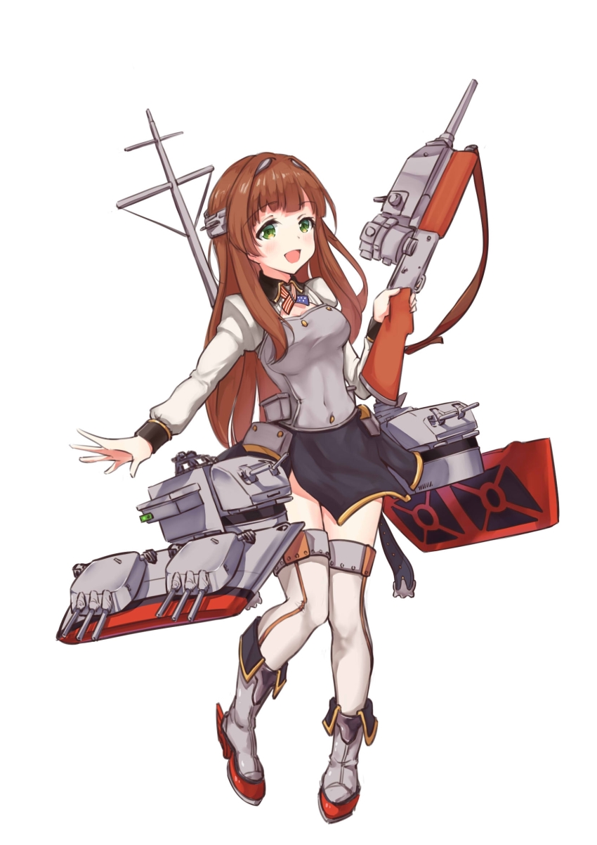 1girl, black_skirt, brown_hair, browning_auto_5, derivative_work, full_body, green_eyes, gun
