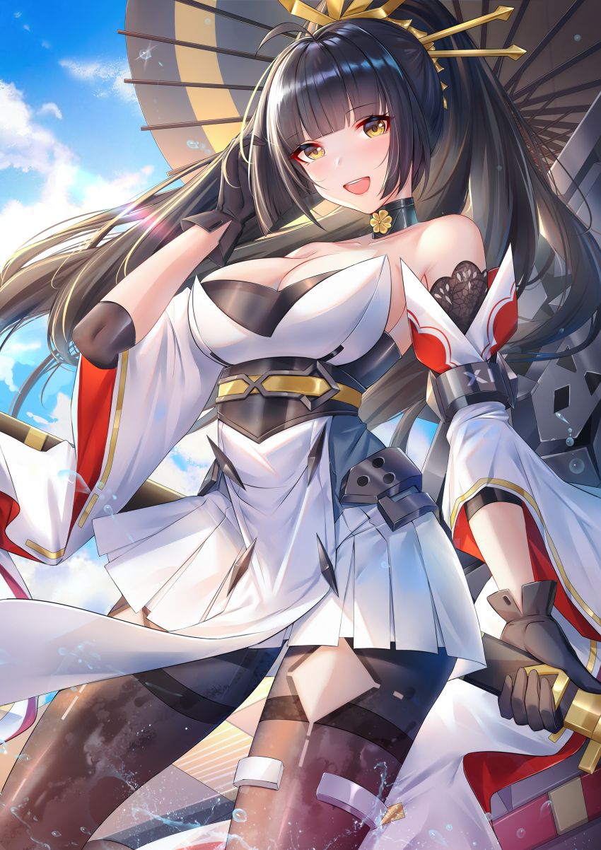 1girl, :d, absurdres, ahoge, akagi_(blue_oath), bare_shoulders, black_gloves, black_hair, black_pantyhose, blue_oath, blue_sky, blunt_bangs, breasts, cleavage, cloud, commentary_request, contrapposto, detached_collar, detached_sleeves, dress, elbow_pads, gloves, hair_ornament, hand_in_own_hair, high_ponytail, highres, holding, holding_sword, holding_weapon, japanese_clothes, jewelry, katana, large_breasts, long_hair, no_bra, obi, oil-paper_umbrella, open_mouth, pantyhose, pelvic_curtain, pleated_skirt, ponytail, revision, rigging, sash, sheath, sheathed, skirt, sky, smile, solo, standing, sword, teeth, thighband_pantyhose, thighlet, umbrella, underbust, upper_teeth_only, water_drop, weapon, white_dress, wide_sleeves, wu_ganlan_cai, yellow_eyes
