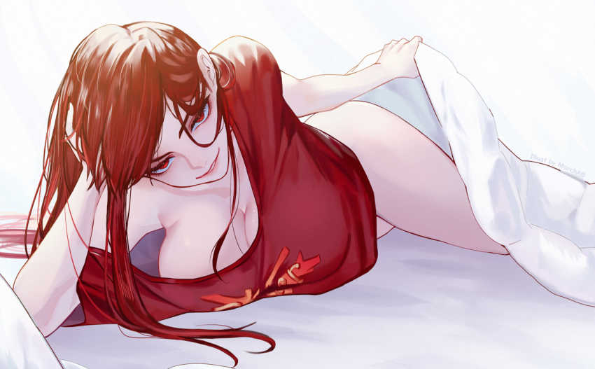 1girl, blanket, bottomless, breasts, commentary_request, downblouse, elbow_rest, fate/grand_order