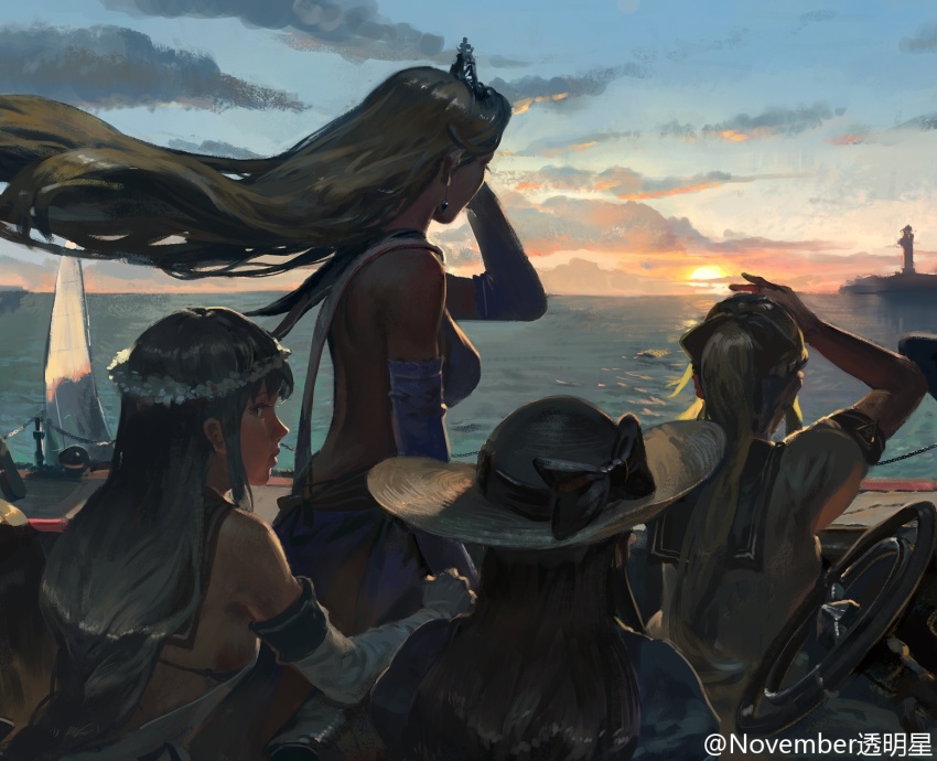 4girls, backless_dress, backless_outfit, black_bra, blonde_hair, blue_dress, boat, bra