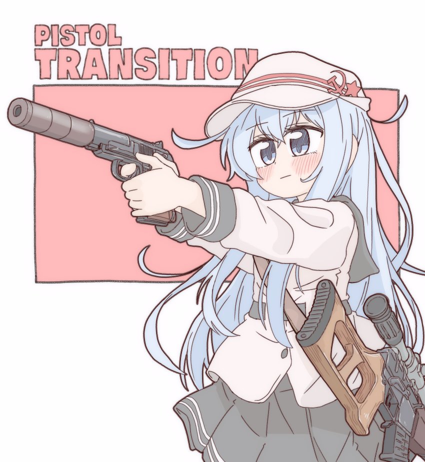 1girl, absurdres, blue_eyes, bocchi-ya-nawi, grey_eyes, gun, handgun, hat