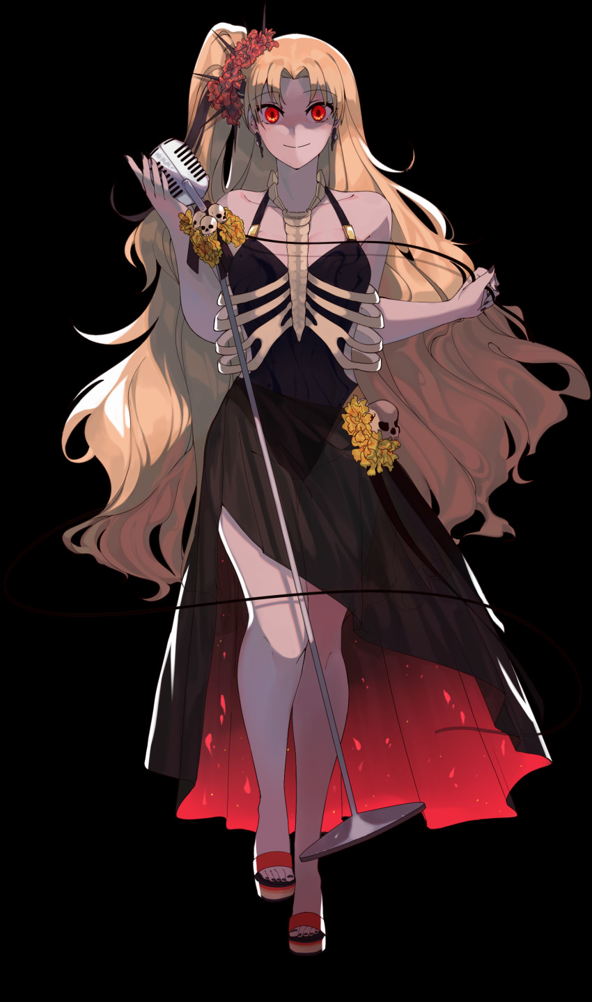 1girl, absurdres, bare_shoulders, black_dress, black_nails, blonde_hair, bone, cable