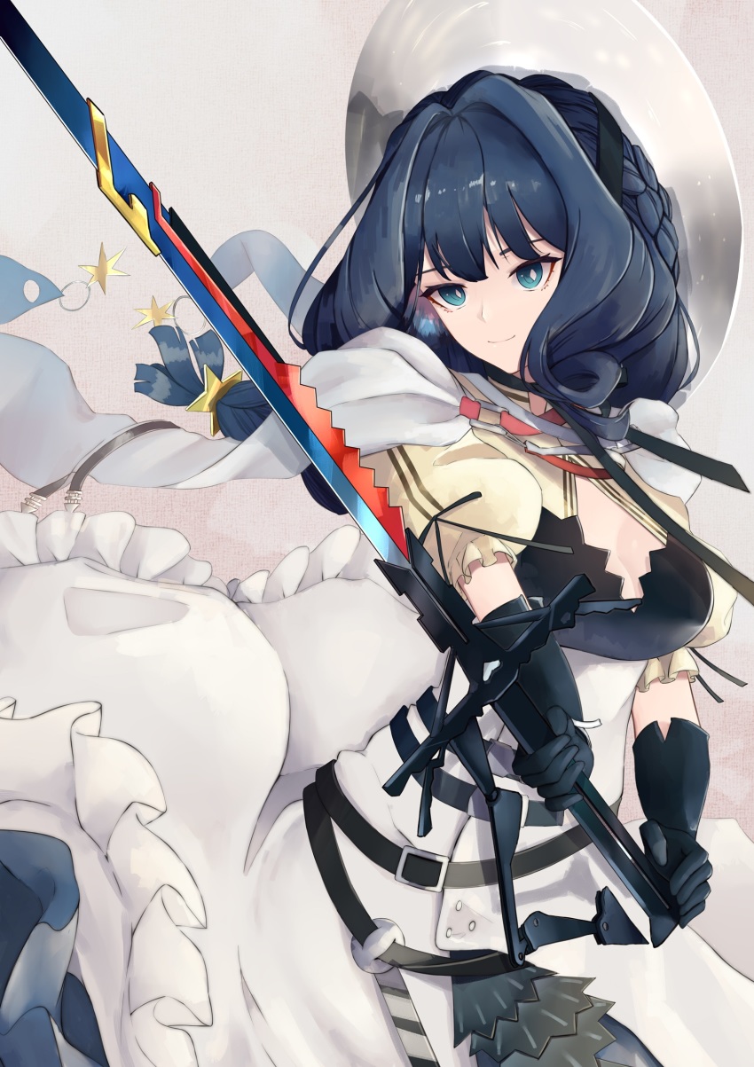 1girl, absurdres, arknights, astesia_(arknights), astesia_(starseeker)_(arknights), beige_background, black_gloves, blue_eyes