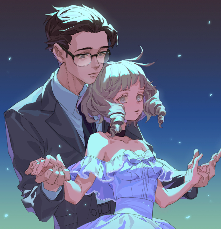 1boy, 1girl, bare_shoulders, black_hair, choker, collarbone, collared_shirt, dress, drill_hair, favilia, formal_clothes, glasses, gradient_background, grey_eyes, grey_hair, holding_hands, iida_tetsuya, inaba_miyuki, juusan_kihei_bouei_ken, light, light_particles, medium_hair, necktie, off-shoulder_dress, off_shoulder, shirt, strapless, strapless_dress, suit, twin_drills, upper_body