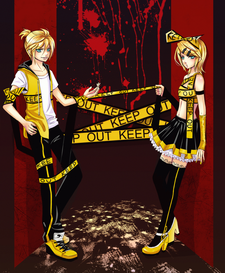 1boy, 1girl, blonde_hair, blood, blue_eyes, brother_and_sister, catwhathk, caution_tape