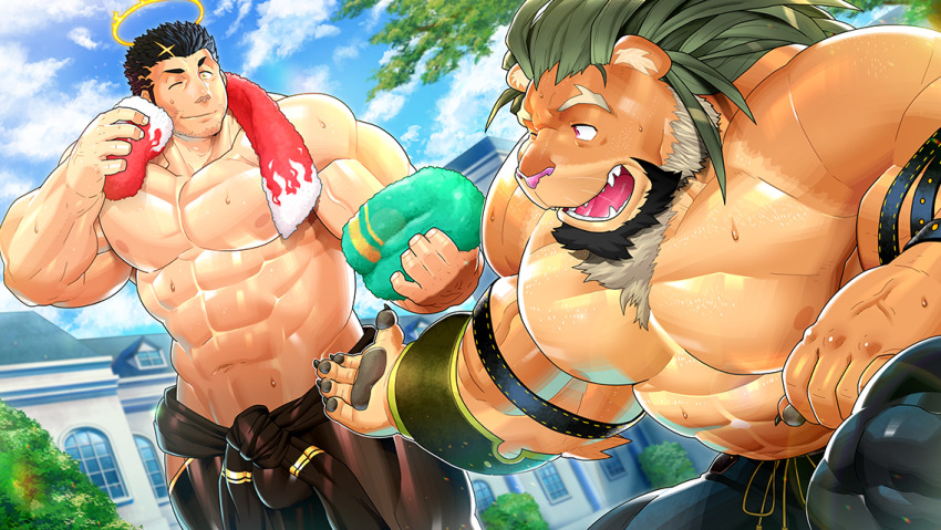 2boys, animal_ears, arsalan_(tokyo_houkago_summoners), bara, beard, black_hair, bodysuit, bulge, closed_mouth, clothing_cutout, cloud, couple, facial_hair, fire, flaming_halo, furry, furry_male, furry_with_non-furry, green_hair, halo, interspecies, kira_nerisu, large_pectorals, long_hair, looking_at_another, male_focus, multiple_boys, muscular, official_art, pectorals, pelvic_curtain, skin_tight, sky, smile, stubble, thigh_cutout, thighs, tokyo_houkago_summoners, topless_male, towel, upper_body, yellow_eyes, zabaniyya_(housamo)