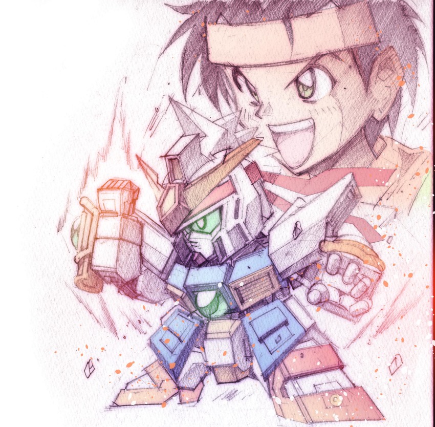 1boy, black_hair, character_request, chibi, clenched_hand, green_eyes, gundam, headband, highres, mecha, nakanishi_tatsurou, open_hand, open_mouth, plamo_wars, robot, sou_yuto, traditional_media
