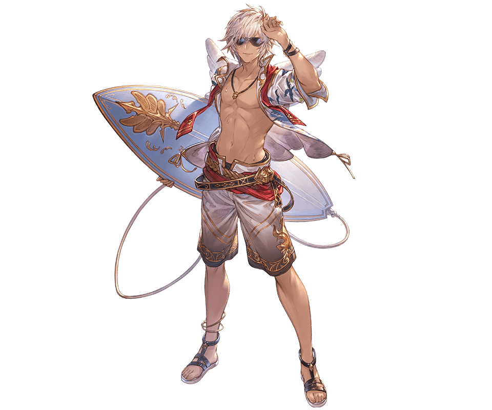 1boy, alternate_costume, anklet, arm_up, belt, facing_viewer, fake_wings, full_body, granblue_fantasy, holding, holding_surfboard, jewelry, lucio_(granblue_fantasy), lucio_(summer)_(granblue_fantasy), male_focus, minaba_hideo, navel, necklace, no_nipples, official_art, open_clothes, open_shirt, parted_lips, sandals, shorts, solo, sunglasses, surfboard, sweat, tan, transparent_background, white_hair, wings