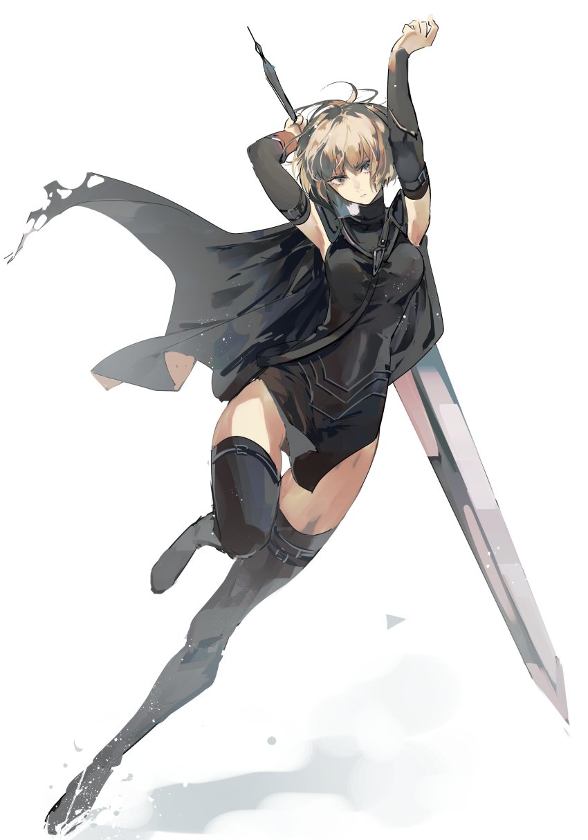 1girl, absurdres, armpits, arms_up, blonde_hair, bodysuit, boots, breasts, cape, character_request, claymore_(series), claymore_(sword), detached_sleeves, grey_eyes, highres, medium_breasts, red_eyes, solo, standing, standing_on_one_leg, syokumura, thigh_boots, thigh_gap, thighhighs, thighs, torn_cape, torn_clothes, white_background
