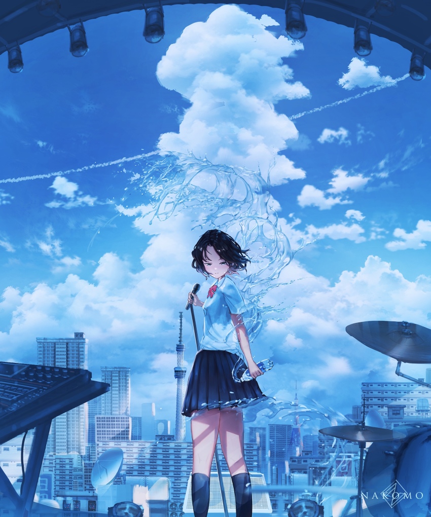 1girl, absurdres, amplifier, artist_name, black_hair, blue_eyes, blue_theme, bottle