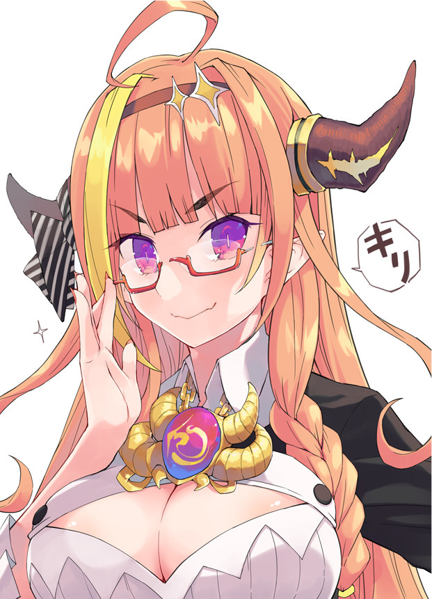 1girl, adjusting_eyewear, ahoge, black_shirt, bow, braid, breasts, chain, chain_necklace, cleavage, cleavage_cutout, clothing_cutout, collared_shirt, dragon_girl, dragon_horns, eyes_visible_through_hair, glasses, hand_on_eyewear, headband, hololive, horns, jewelry, kiryu_coco, kiryu_coco_(1st_costume), large_breasts, long_hair, multicolored_eyes, multicolored_hair, nail_polish, necklace, orange_hair, orange_nails, pendant, purple_eyes, semi-rimless_eyewear, shirt, smile, solo, streaked_hair, taker_(flamestorm), virtual_youtuber