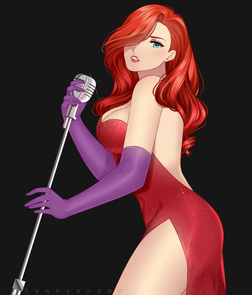 1girl, absurdres, backless_dress, backless_outfit, bare_shoulders, blush, breasts, cleavage, dress, elbow_gloves, gloves, green_eyes, hair_over_one_eye, highres, jessica_rabbit, large_breasts, lips, long_hair, microphone, microphone_stand, one_eye_covered, purple_gloves, red_dress, red_hair, solo, sparkle, sunnypoppy, watermark, who_framed_roger_rabbit