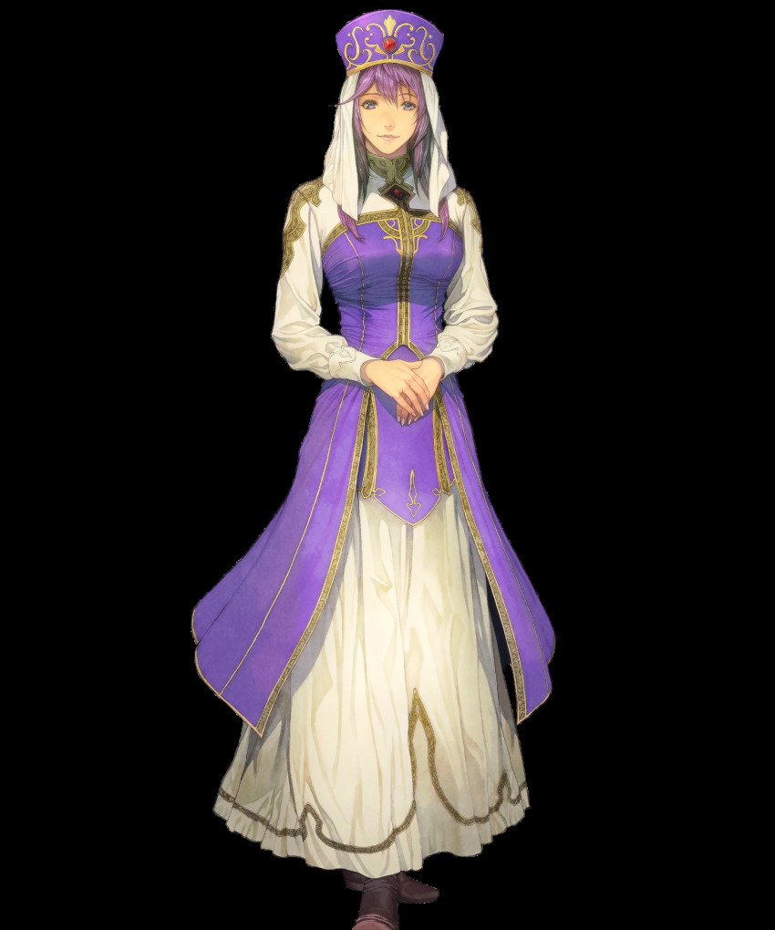 1girl, breasts, closed_mouth, dress, eremiya_(fire_emblem), female_focus, fingernails, fire_emblem, fire_emblem:_new_mystery_of_the_emblem, fire_emblem_heroes, full_body, hat, highres, homare_(fool's_art), lips, looking_at_viewer, medium_breasts, nintendo, official_art, own_hands_together, purple_eyes, purple_hair, smile, solo, standing, transparent_background