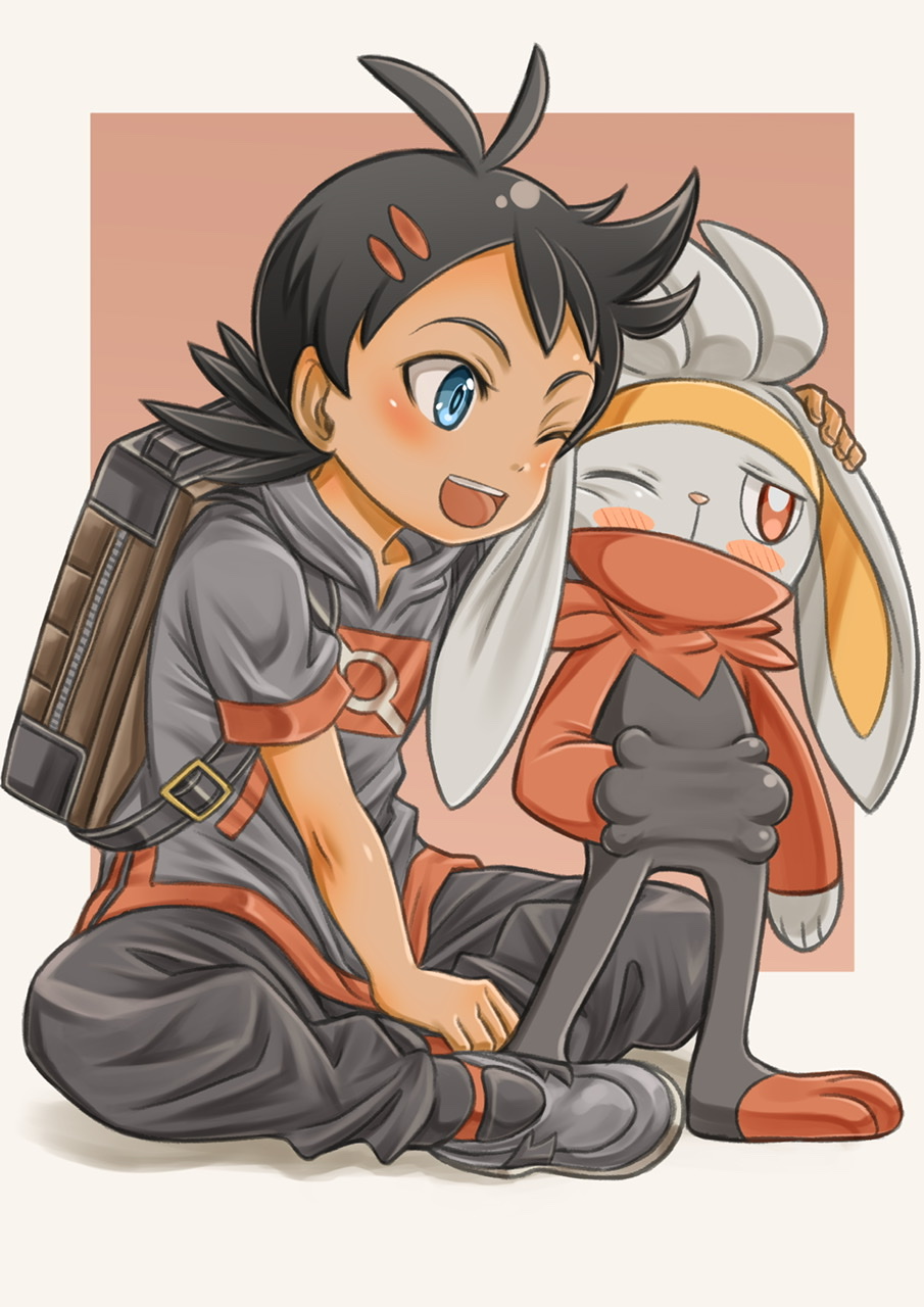 1boy, :d, antenna_hair, backpack, bag, black_footwear, black_hair, black_pants