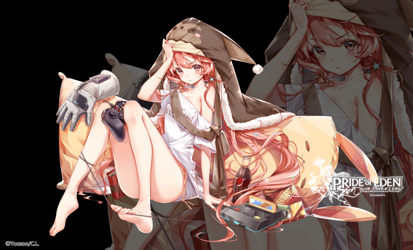 1girl, ass, bare_shoulders, barefoot, black_background, blanket, bottle, clouble