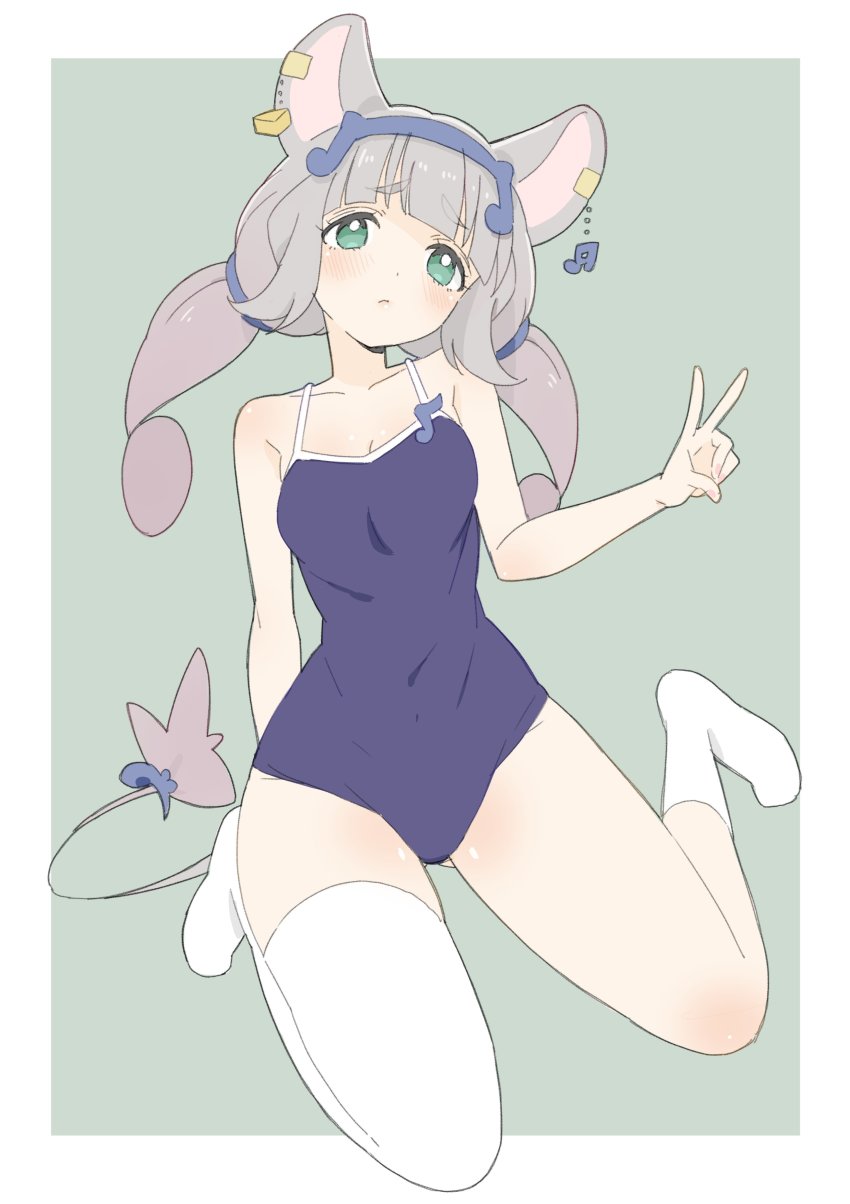 1girl, absurdres, animal_ears, bad_id, bad_twitter_id, blush, breasts, bright_pupils, closed_mouth, competition_school_swimsuit, donguri_suzume, earrings, full_body, gradient_hair, green_background, green_eyes, grey_hair, hand_up, hatsuka_chiyu, highres, indie_virtual_youtuber, jewelry, looking_at_viewer, medium_breasts, mouse_ears, mouse_tail, multicolored_hair, musical_note_earrings, one-piece_swimsuit, purple_one-piece_swimsuit, school_swimsuit, simple_background, single_sock, single_thighhigh, sitting, socks, solo, swimsuit, tail, thighhighs, twintails, v, virtual_youtuber, wariza, white_pupils, white_socks
