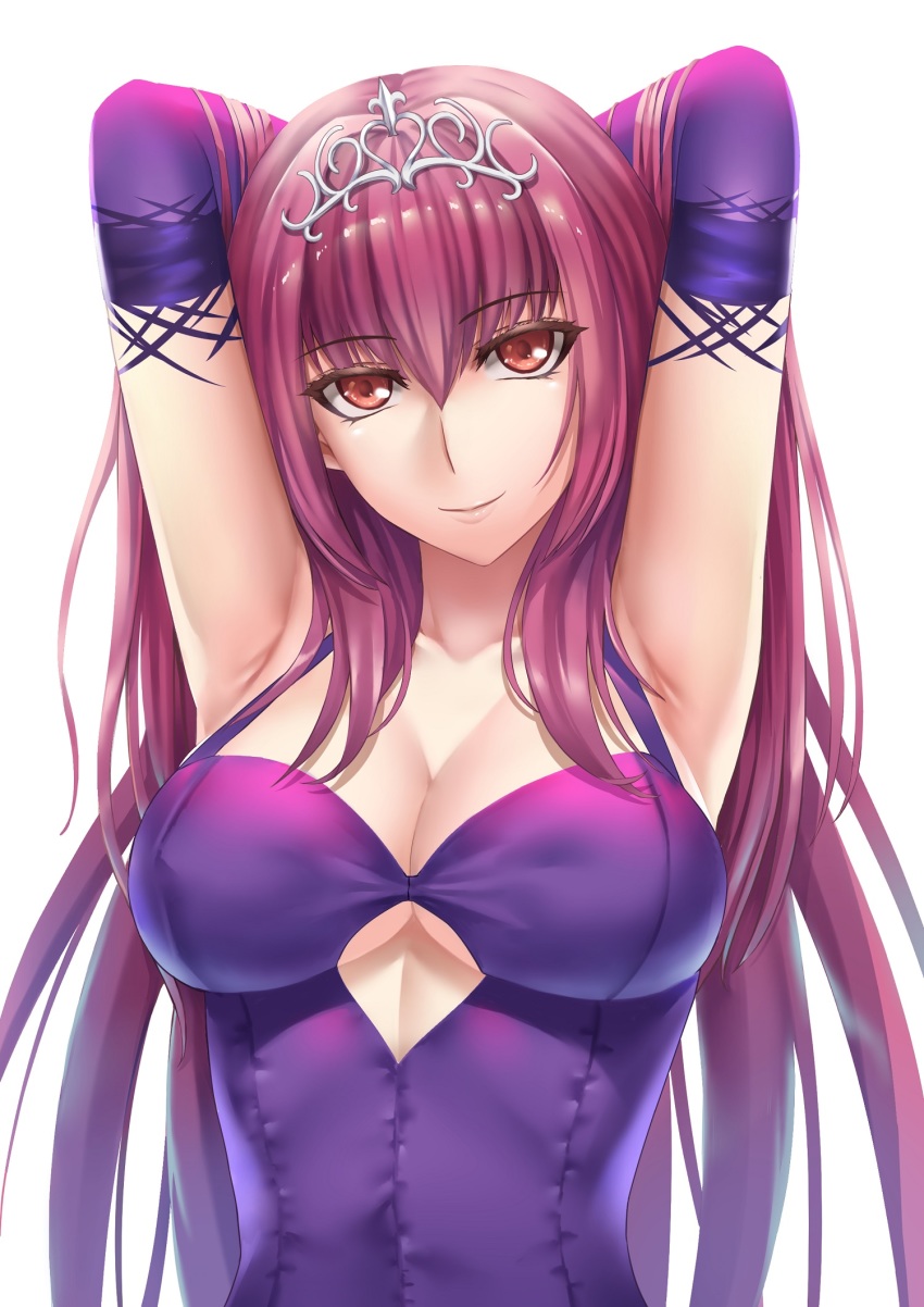 1girl, alternate_costume, armpits, arms_behind_head, breasts, cleavage, clothing_cutout, collarbone