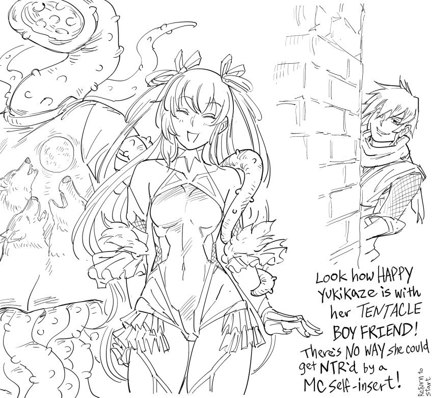 1boy, 1girl, :d, akiyama_tatsurou, arms_at_sides, bad_id, bare_shoulders, bb_(baalbuddy), commentary, english_commentary, english_text, facing_viewer, greyscale, hair_ribbon, highres, inactive_account, leotard, long_hair, meme, mizuki_yukikaze, monochrome, netorare, open_mouth, parody, peeking_out, ribbon, smile, taimanin_(series), taimanin_yukikaze, tentacle_hair, three_wolf_moon_shirt_(meme), twintails, two_side_up, wall