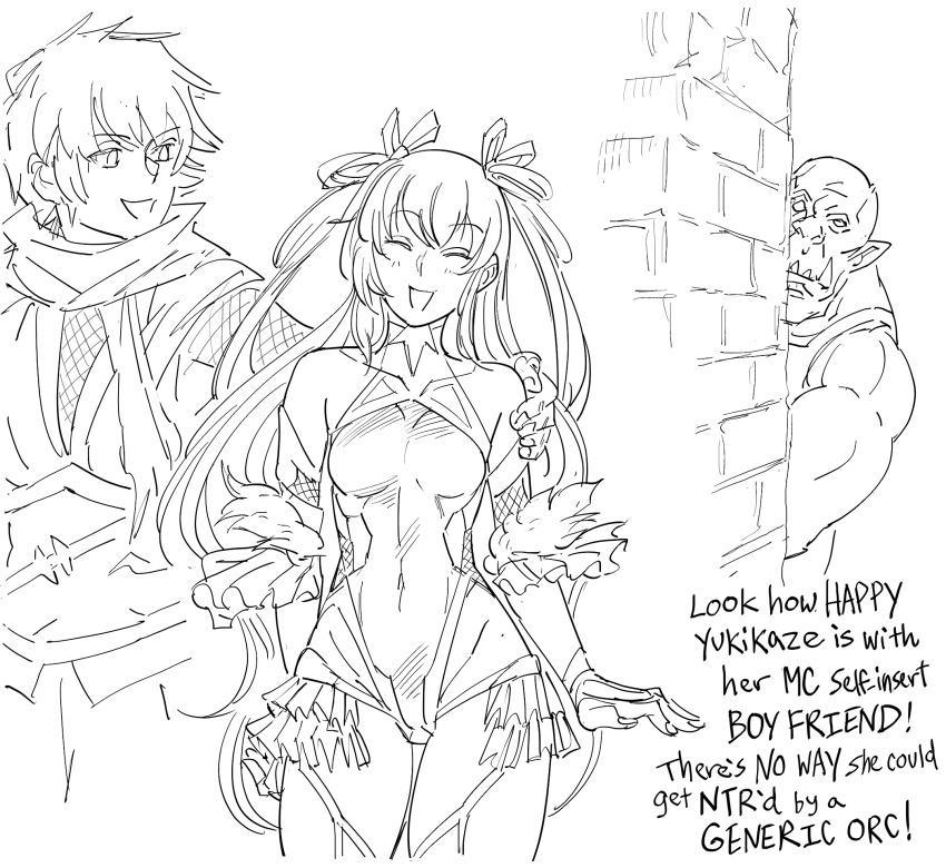 1girl, 2boys, :d, akiyama_tatsurou, arms_at_sides, bad_id, bare_shoulders, bb_(baalbuddy), commentary, english_commentary, english_text, facing_viewer, greyscale, hair_ribbon, highres, inactive_account, leotard, long_hair, mizuki_yukikaze, monochrome, multiple_boys, netorare, open_mouth, orc, parody, peeking_out, pointy_ears, ribbon, smile, taimanin_(series), taimanin_yukikaze, twintails, two_side_up, wall