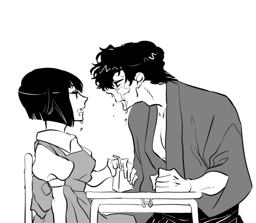 1boy, 1girl, black_hair, commentary_request, drink_carton, drinking_straw, greyscale, japanese_clothes, kunou_tatewaki, looking_at_another, lowres, manako_(nosey), milk, milk_carton, monochrome, ranma_1/2, school_uniform, short_hair, sitting, spill, tendou_nabiki
