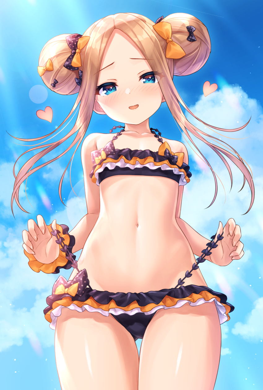 1girl, abigail_williams_(emerald_float)_(fate), abigail_williams_(fate), bare_shoulders, bikini, black_bikini, black_bow, blonde_hair